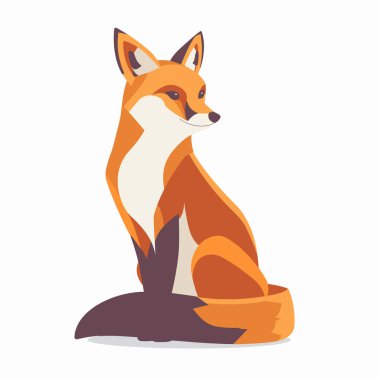 Canlı bir tilki, çarpıcı turuncu ve beyaz kürkünü gösteren rahat bir pozla tasvir edilir. İllüstrasyon, hayvanın uyarı ifadesini ve zarif şeklini basit bir arkaplana yansıtıyor..