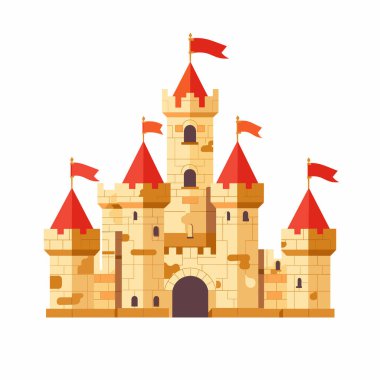 Açık bej tuğlalarla inşa edilmiş, kırmızı bayraklarla kaplanmış birden fazla kuleye sahip garip bir kale tasarımı. Yapı, canlı renklerini gösteren beyaz bir arkaplana karşı kurulur..