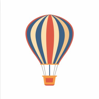 Kırmızı, mavi ve krem rengi çizgileri olan canlı bir sıcak hava balonu açık mavi gökyüzünde süzülür. Güneş ışıl ışıl parlıyor, açık hava maceraları için neşeli bir atmosfer yaratıyor..