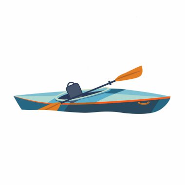 Bir kano, canlı bir tasarıma sahip sakin bir suda nazikçe yüzer. İçinde dinlenen bir sırt çantası, sakin ve doğal bir ortamda açık hava macerasına hazır olduğunu gösteriyor..