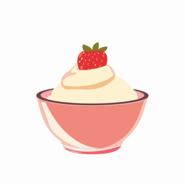 Lezzetli kremalı bir tatlı pembe bir kasede sergilenir. Üstünde güzel bir çilek vardır. Günün her saatinde tatlı bir ikram için mükemmeldir..