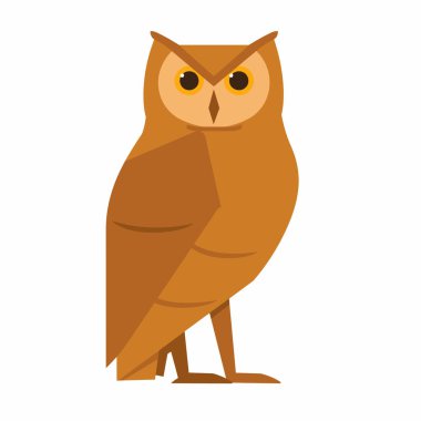 Bir stilize baykuş dik duruyor, belirgin sarı gözleri olan zengin kahverengi bir renk sergiliyor. Geometrik tasarımı dostane ama dikkatli bir görünümü vurguluyor..