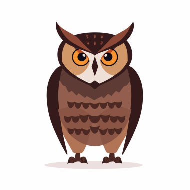 Büyük anlamlı gözleri ve kahverengi tüylerin karışımı dik duran bir baykuş çizgi filmi. Kanatları, basit bir ışık arka planına karşı canlı renkler sergiliyor..