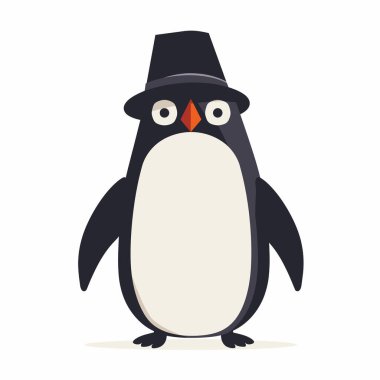 Klasik siyah şapka takan bir penguen çizgi filminde kendine has bir stili var. Bu oyuncu tasarım basit bir ortamda büyüleyici, kaprisli bir karakteri vurgular..