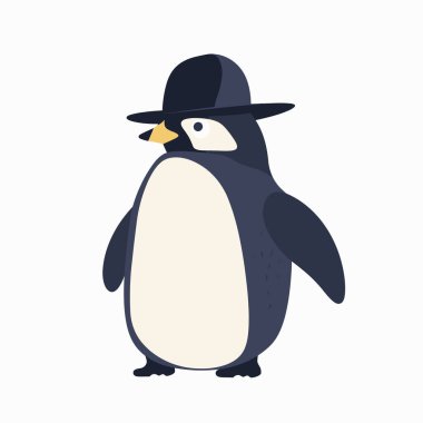 Çizgi film tarzında şekillendirilmiş oyuncu bir penguen şık bir şapkayla dik duruyor. Basit arka plan neşeli ifadesini ve büyüleyici karakterini vurguluyor..