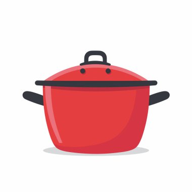 Canlı kırmızı bir tencere temiz beyaz bir arka planda oturur. Tencerede siyah bir sapı ve kapağı var. Lezzetli bir yemeğe hazırlanmayı sembolize ediyor. Mutfak tasarımları için ideal.