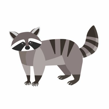 Yüzünde ve kuyruğunda belirgin siyah lekeler olan neşeli bir rakun ayakta duruyor, oyuncu bir tavır sergiliyor. Arka plan minimalistik, rakunun özelliklerini vurguluyor..