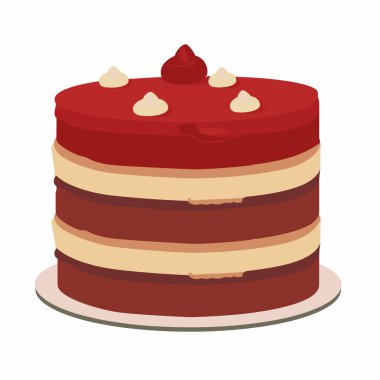 Üç katlı kırmızı kadife bir pasta beyaz bir tabakta, üzerinde bol krem peynirli krema ve dekoratif şekerlemeler bulunur. Kutlamalar ya da özel durumlar için mükemmeldir..
