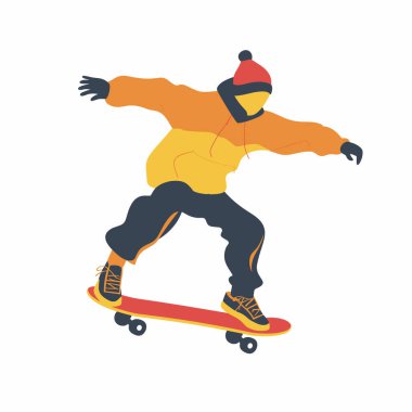 Parlak turuncu kapüşonlu ve bereli genç bir çocuk, öğleden sonra güneş ışığında kaykay parkında ustaca bir kaykay numarası yapıyor. Coşkusu ve dikkati ortada..