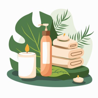 Güzelce istiflenmiş havlular, bir şişe losyon ve yemyeşil yapraklarla çevrili mumlar içeren rahatlatıcı bir spa seti. Evde sakin bir atmosfer yaratmak için ideal..