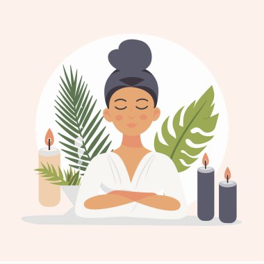 Bir insan sakin bir şekilde gözleri kapalı oturarak rahatlama ve farkındalık ile meşgul olur. Etraflarında mumlar ve yemyeşil bitkiler var. Meditasyon için ideal sakin bir atmosfer yaratıyorlar..