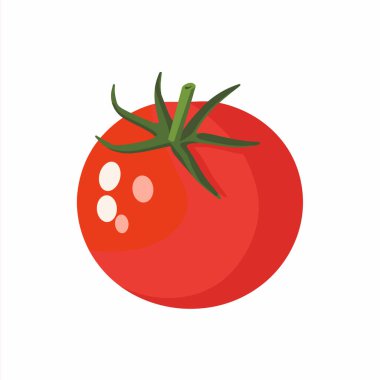 Canlı, olgun bir domates parlak kırmızı bir yüzey ve yeşil yapraklar sergiler. Yumuşak dokusu ve yuvarlak şekli, salata ve soslar için ideal tazeliğini vurgular.