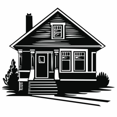 Klasik bir ev tasarımı ön veranda, birden fazla pencere ve simetrik bir yapıya sahiptir. Siyah ve beyaz çizimler, karmaşık mimari ayrıntıları ve peyzajı vurguluyor.