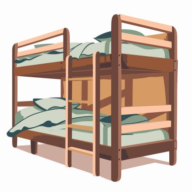 İki sağlam ahşap ranza, rahat bir odada düzgünce düzenlenir. Yumuşak yastıklar ve yatak renkleri rahatlatıcı, çocukların uyuması ve oynaması için davet edici bir alan yaratıyor..