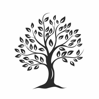 Bir ağacın çarpıcı siyah silueti, karmaşık dallar ve detaylı yapraklar içerir. Temiz, beyaz bir zemin üzerinde, minimalist bir tasarımla doğanın güzelliğini gözler önüne serer..