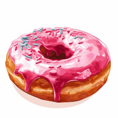 Açık bir yüzeyde taze pişmiş, parlak pembe şekerle kaplı ve renkli bir donut bulunur. Kabarık dokusu ve canlı renkleri onu her durum için çekici kılıyor..