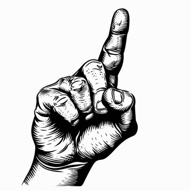 İşaret parmağı yukarıyı gösteren bir elin detaylı bir çizimi, bir numarayı sembolize ediyor. Bu sanatsal tasarım cesur bir tasarıma sahip ve elin hatlarını vurguluyor..