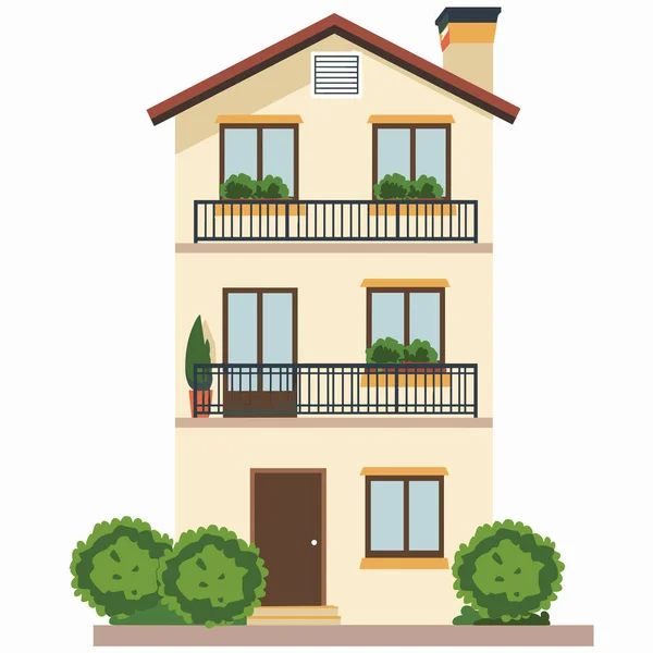 Büyük pencere ve balkonların bitkilerle süslendiği üç katlı bir ev. Yeşilliğin etrafını sarmak, sakin atmosferi güçlendirir. Huzurlu bir ortamda eve davet edilmesini sağlar..