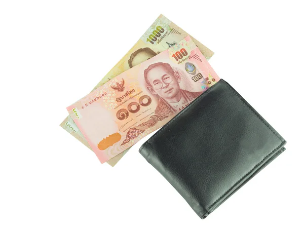 Fekete pénztárca és pénzt elszigetelt fehér background. — Stock Fotó