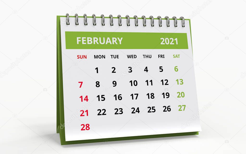 Standing Desk Calendar February 2021. Business monthly calendar with metal spiral bound, the week starts on Sunday. Monthly Pages on white base and green title, isolated on white background, 3d render.