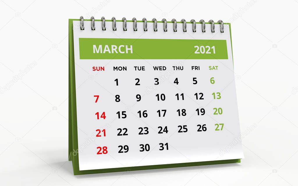 Standing Desk Calendar March 2021. Business monthly calendar with metal spiral bound	