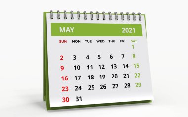Standing Desk Calendar Mayıs 2021 Metal spiral kaplı aylık iş takvimi, hafta pazar günü başlıyor. Beyaz zemin ve yeşil başlıklı aylık sayfalar, beyaz zemin üzerinde izole edilmiş, 3d oluşturulmuş.