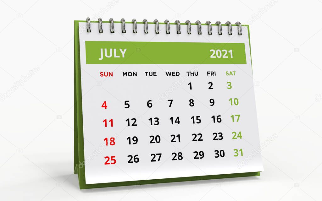Standing Desk Calendar July 2021. Business monthly calendar with metal spiral bound, the week starts on Sunday. Monthly Pages on a white base and green title, isolated on a white background, 3d render.