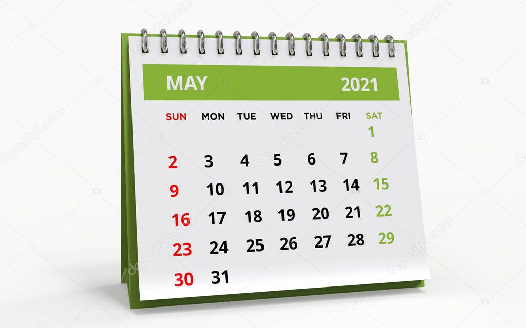 Standing Desk Calendar May 2021. Business monthly calendar with metal spiral bound, the week starts on Sunday. Monthly Pages on a white base and green title, isolated on a white background, 3d render.