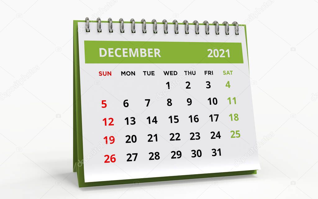 Standing Desk Calendar December 2021. Business monthly calendar with metal spiral bound, the week starts on Sunday. Monthly Pages on a white base and green title, isolated on a white background, 3d render.