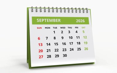 Eylül 2026 için Ayakta Masaüstü takvimi, yeşil başlıklı standart format ve metal spiral ciltli, Pazar gününden itibaren hafta 3d render.