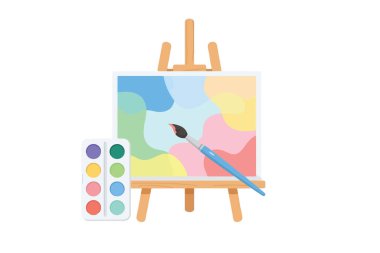 Renkli, soyut bir tablo, suluboya palet ve boya fırçasıyla bir sanat sehpasının düz vektör çizimi. Minimalist ve modern tasarım yaratıcılığı ve sanatsal hobiyi temsil ediyor. Beyaz arkaplanda izole edilmiş, parlak pastel renkler, 