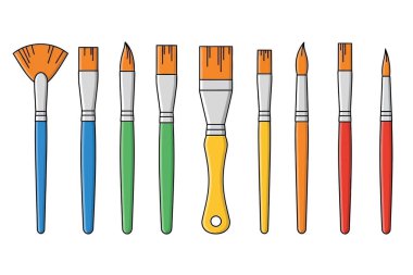 Sıraya dizilmiş çeşitli ressam fırçalarının düz vektör çizimi. Renkli saplı yuvarlak, düz, yelpaze ve açılı fırçalar da dahil olmak üzere farklı fırça şekilleri ve boyutları, resim için yaratıcı araçlar, beyaz arka planda izole edilmiş.