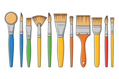 Sıraya dizilmiş çeşitli ressam fırçalarının düz vektör çizimi. Renkli saplı yuvarlak, düz, yelpaze ve açılı fırçalar da dahil olmak üzere farklı fırça şekilleri ve boyutları, resim için yaratıcı araçlar, beyaz arka planda izole edilmiş.