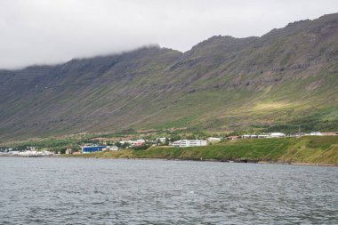 Doğu İzlanda 'nın Nordfjordur kentindeki Neskaupsstadur kasabasının kıyı şeridi.