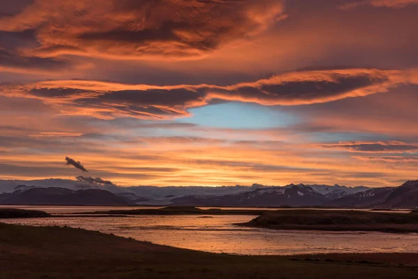 Pôr Sol Fiorde Hornafjordur Sul Islândia — Fotografia de Stock