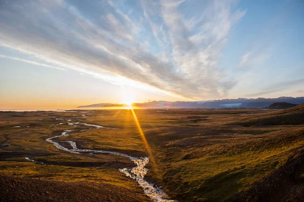 Solnedgång Ovanför Floden Berga Hornafjordur Södra Islandet — Stockfoto