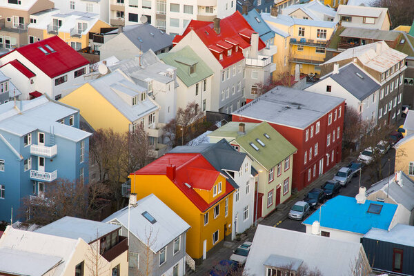 Aerial view of colorful houses in city center of Reykjavik in Iceland
