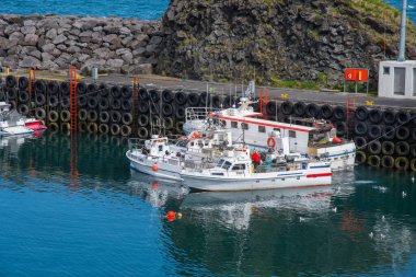 Arnarstapi İzlanda - 23 Haziran. 2020: İzlanda 'daki Snaefellsnes Yarımadası' ndaki Arnarstapi limanında tekneler