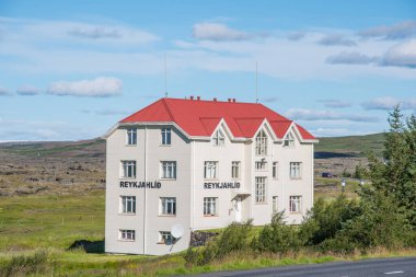 Myvatn Iceland - August 6. 2020: Hotel in village of Reykjahlid in North Iceland clipart