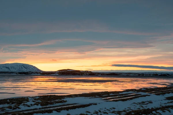 Nascer Sol Acima Lago Myvatn Norte Islândia — Fotografia de Stock