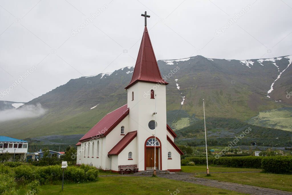 Church of town of Flateyri in Onundarfjordur in the westfjords of Iceland