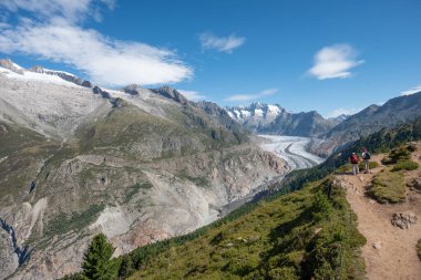 Riederalp İsviçre - 5 Ağustos. 2025: Aletsch buzuluna doğru bakın