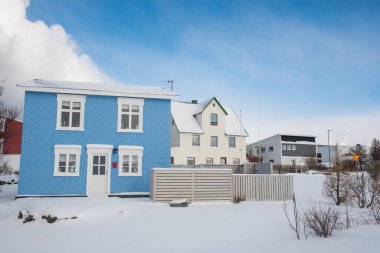 Kuzey İzlanda 'da Hrisey köyündeki binalar