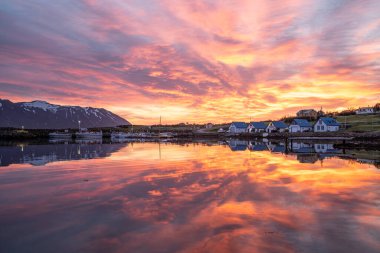 Hrisey İzlanda - 15 Temmuz. 2024: Limanda gün batımı