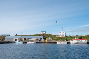 Grimsey İzlanda - 28 Temmuz. 2025: Adanın limanında tekneler