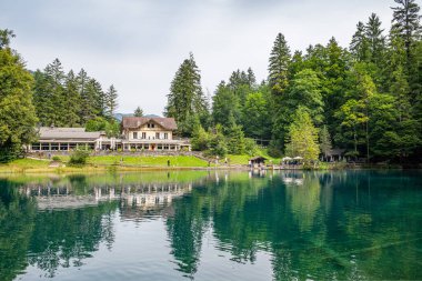 Kandergrund İsviçre - 6 Ağustos. 2025: Güzel Blausee Doğa Parkı