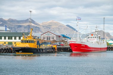 Hofn İzlanda - 6 Haziran. 2025: limanda tekneler