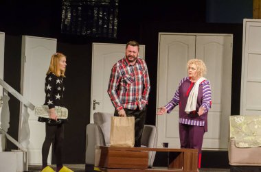 DNIPRO, UKRAINE - NOVEMBER 13, 2020:  Caught in the Net  by Ray Cooney performed by members of the Dnipro State Drama and Comedy Theatre.