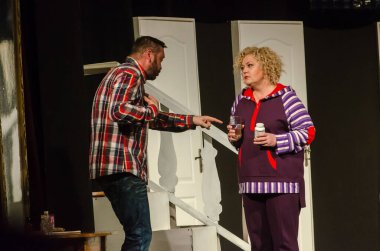 DNIPRO, UKRAINE - NOVEMBER 13, 2020:  Caught in the Net  by Ray Cooney performed by members of the Dnipro State Drama and Comedy Theatre.