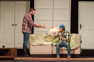 DNIPRO, UKRAINE - NOVEMBER 13, 2020:  Caught in the Net  by Ray Cooney performed by members of the Dnipro State Drama and Comedy Theatre.